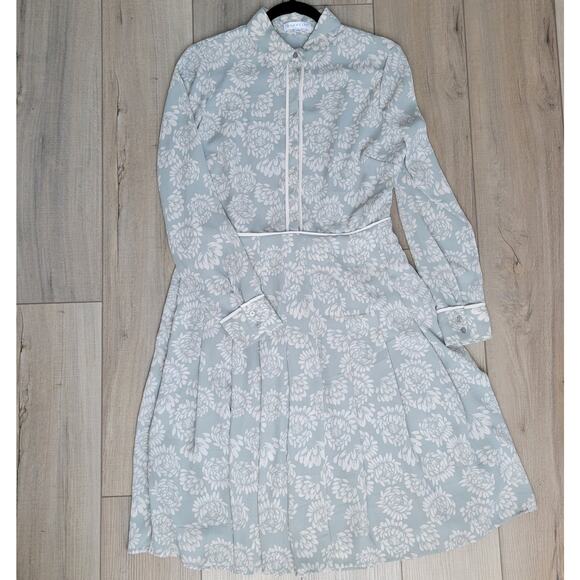 Downeast Collared Pleated Long Sleeve Button Floral Sage Green Dress Women Sz M - Picture 11 of 12